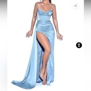 Elayna Pale Blue Strappy Satin Corset High Slit Gown